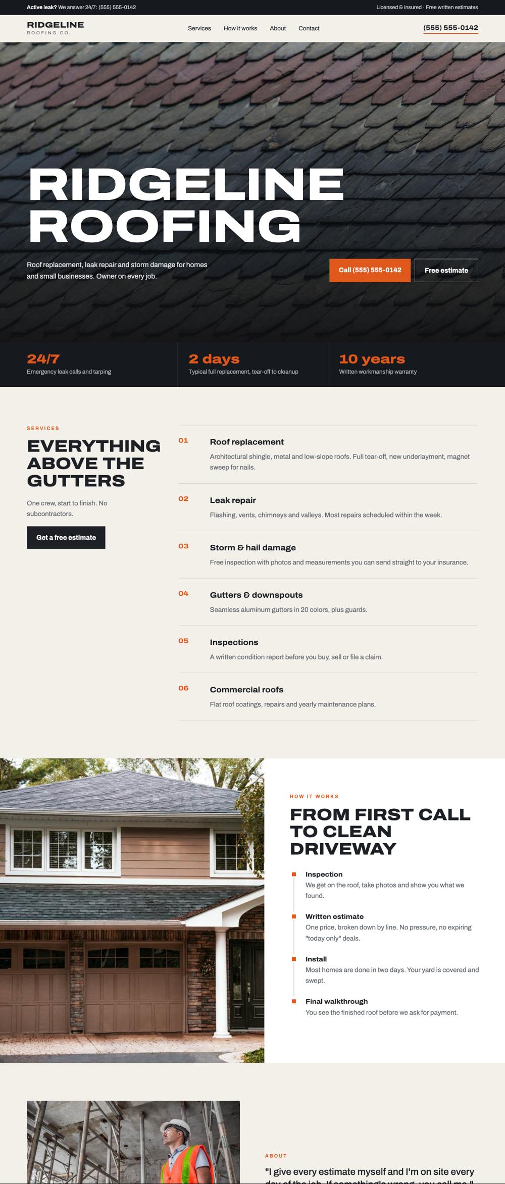 Example roofing company homepage